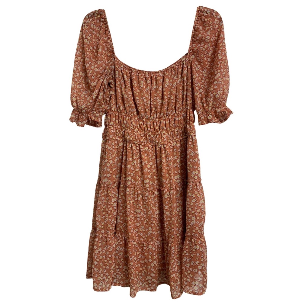Floral Smocked Waist Tiered Mini Dress Orange Puff Sleeve‎ XS